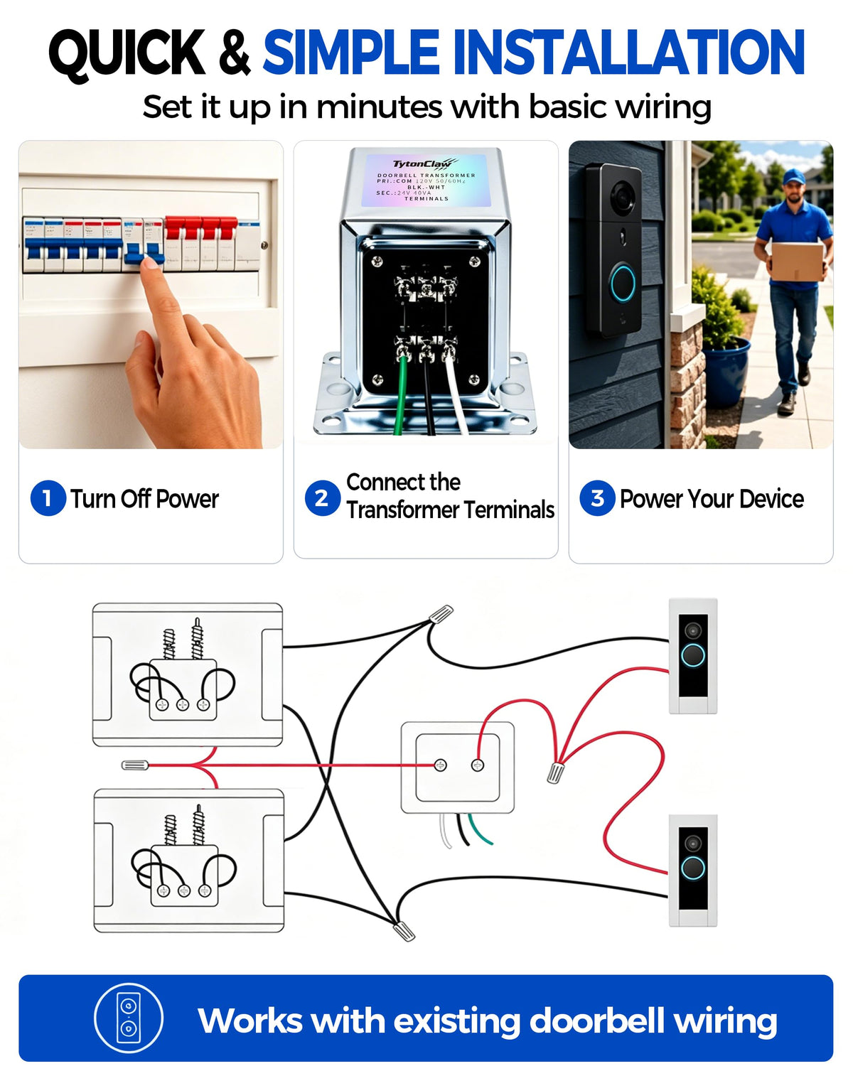 24V 40VA Hardwired Doorbell Transformer for Ring, Nest & Smart Thermostats