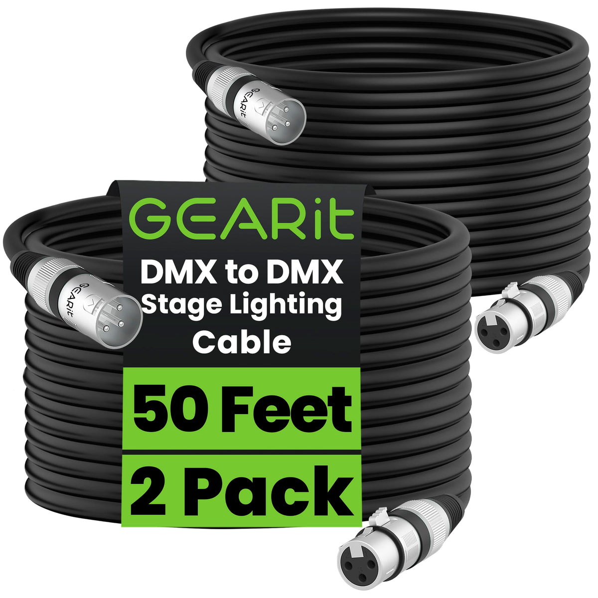 GEARit DMX Cable 50FT 2-Pack 3-Pin Male to Female for DJs and Event Techs