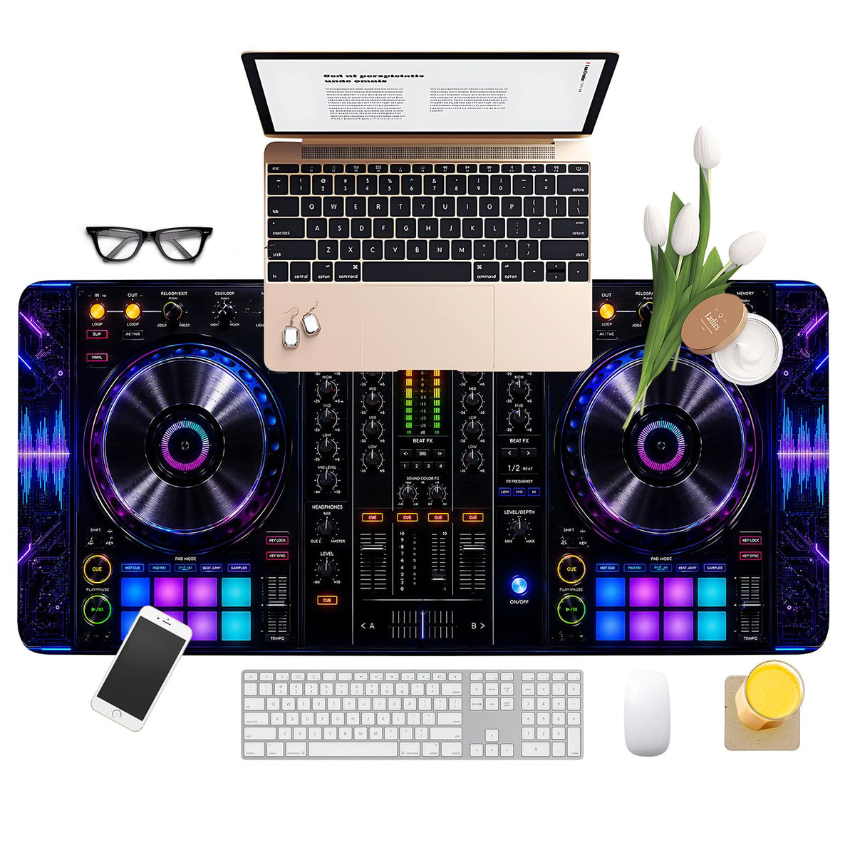 DJ Controller Gaming Mouse Pad 35.4 x 15.7 inch, Neon Music Mixer Desk Mat