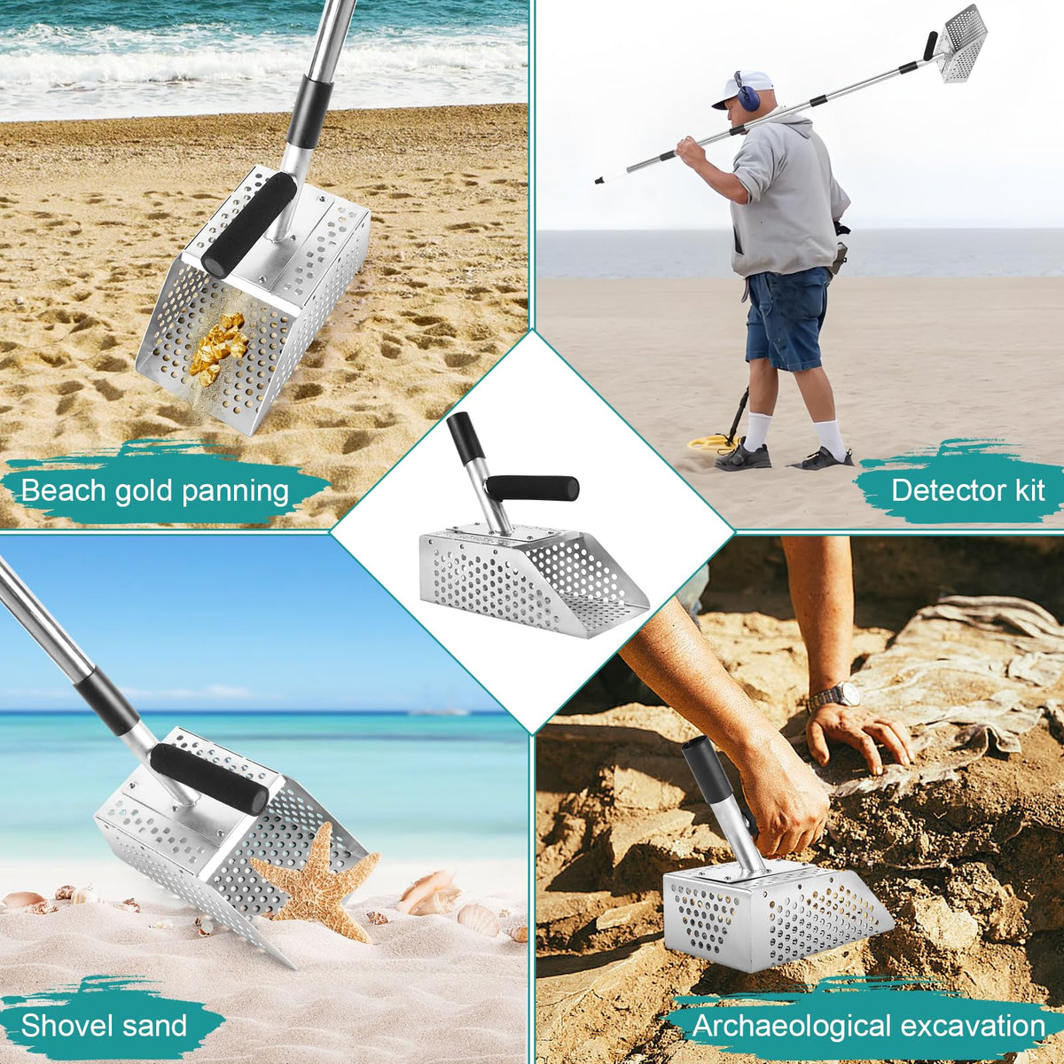 Sand Scoop for Metal Detecting, long-handle Metal Detector & Sand Flea Rake