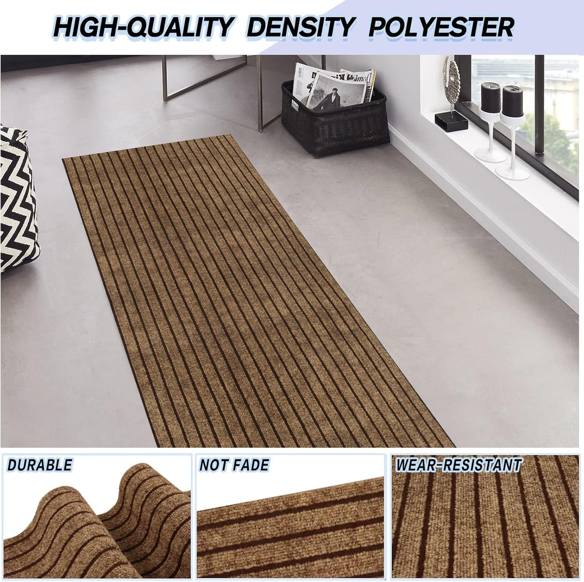 Custom Size Backed Non-Slip Area Rugs Runner, Easy Clean, Waterproof Runner Rugs for Hallway Entryway, Kitchen, Laundry, 3FT x 56FT, Brown Stripe