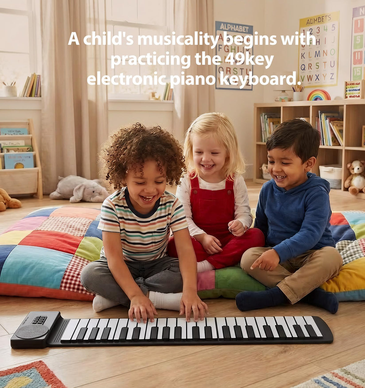MARVTOWN 49Key Roll Up Digital Piano Keyboard,Portable Foldable Electronic Piano with speaker,earphones,8 Tones,6 Demo Songs,Rechargeable Flexible musical keyboard for Beginners&Kids(Black&White)