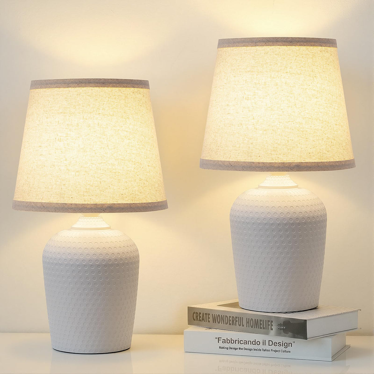 16’’ Small Table Lamps Set of 2 for Bedroom, Nightstand Lamp Beige & White
