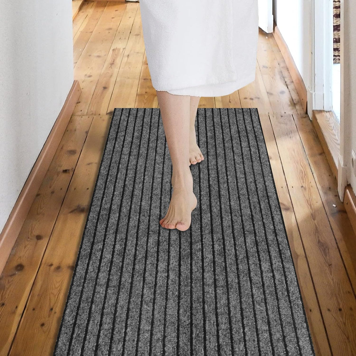 Custom Size Backed Non-Slip Area Rugs Runner, Easy Clean, Waterproof Runner Rugs for Hallway Entryway, Kitchen, Laundry, 2FT x 25FT, Gray Stripe