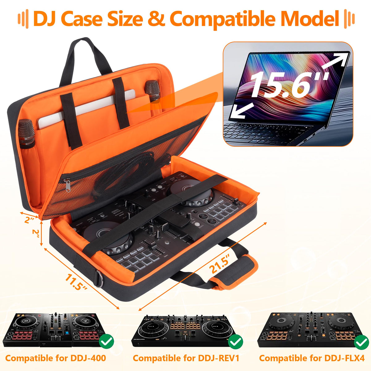 ITHWIU Padded DJ Controller Case Compatible with DDJ FLX4/DJ 400/DDJ REV1, DJ Carrying Bag with 5-Pocket fits up to 15.6'' Laptop, Headphones, Cables, with Adjustable Shoulder Strap, 21.5"x11.8"x2.5"