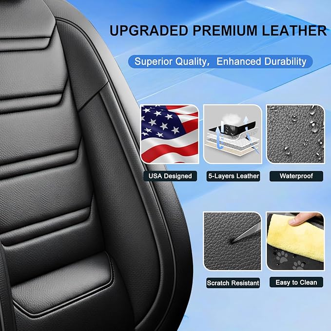 Fit CRV Car Seat Covers for Select Honda CRV CR-V 2011-2025 2026 - Premium Full Coverage Leather, Airbag Compatible, Waterproof & All Weather Seat Cushion Protector, Full Set, Black