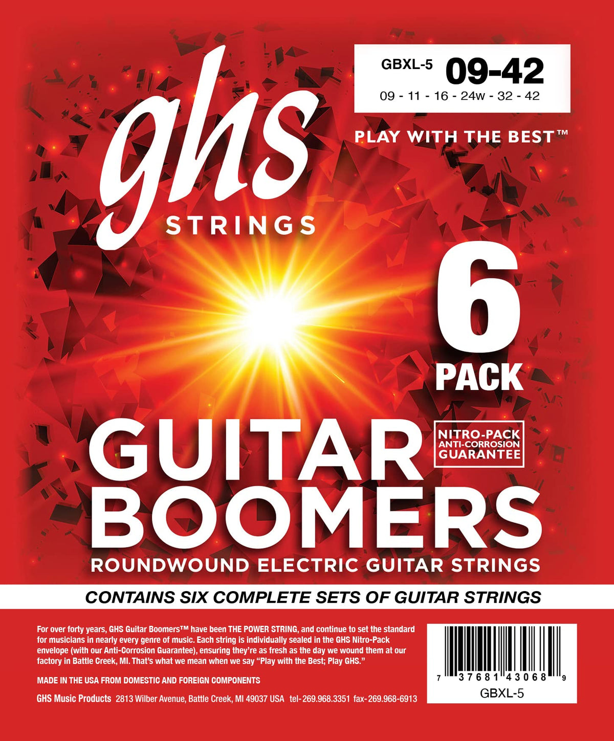 GHS Strings, GBXL Boomers, Nickel Plated Steel Electric Guitar Strings, Legendary Strength, Consistent Intonation, Long Lasting Brightness, Tone & Sustain. For 6-String Guitar, 9-42 XLT Gauge, 6 Pack