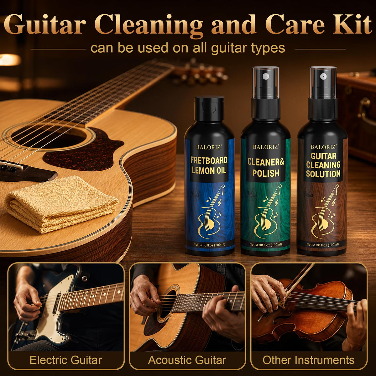 9pcs Guitar Cleaning Kit, Complete Guitar Care Kit with Guitar Cleaner, Fretboard Oil, String Cleaner & Polish, Polish Wax, All-in-One Guitar Maintenance Kit for Acoustic, Electric & Bass Guitars