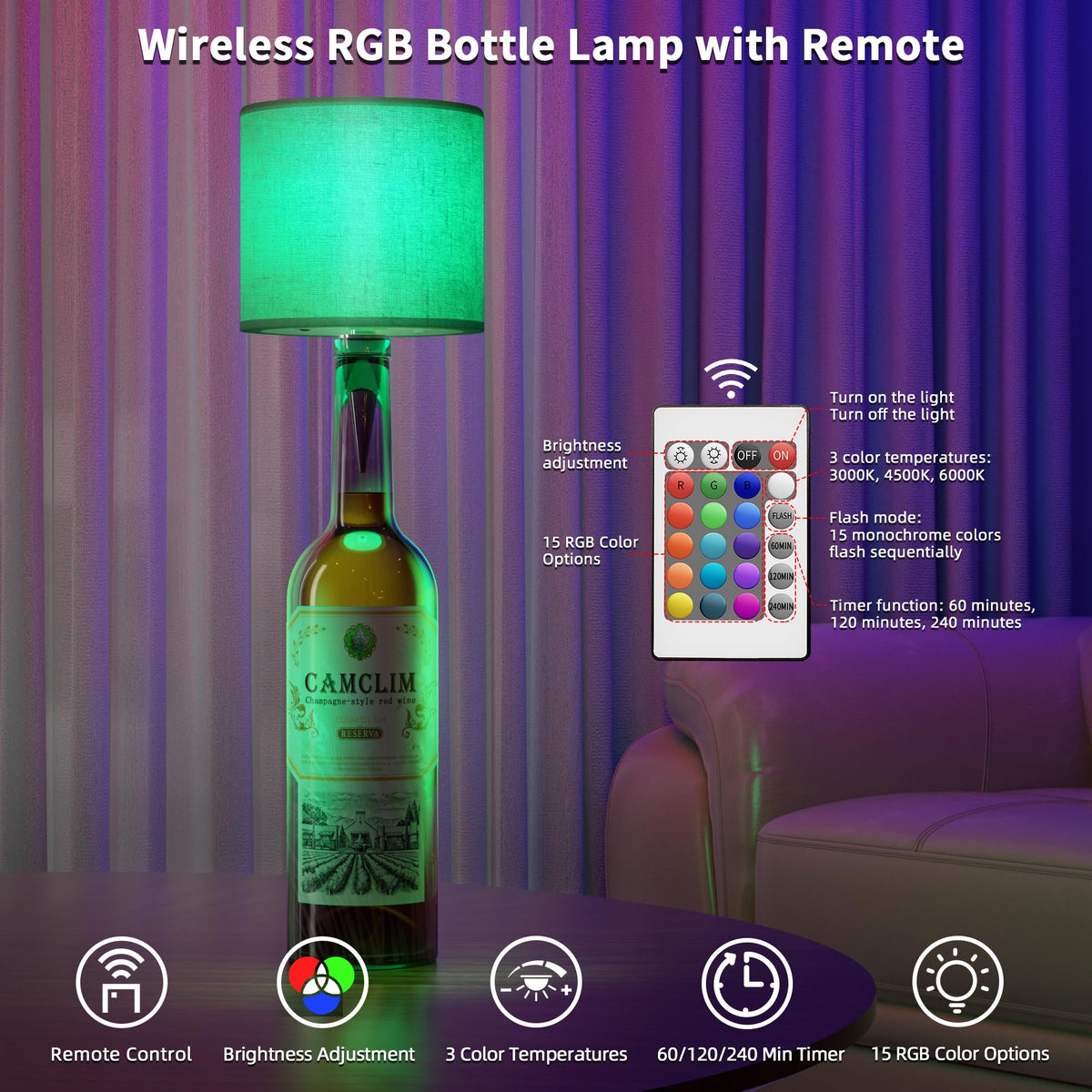 Wireless Wine Bottle Lamp Shade - Remote RGB Bottle Light Rechargeable 2Pcs