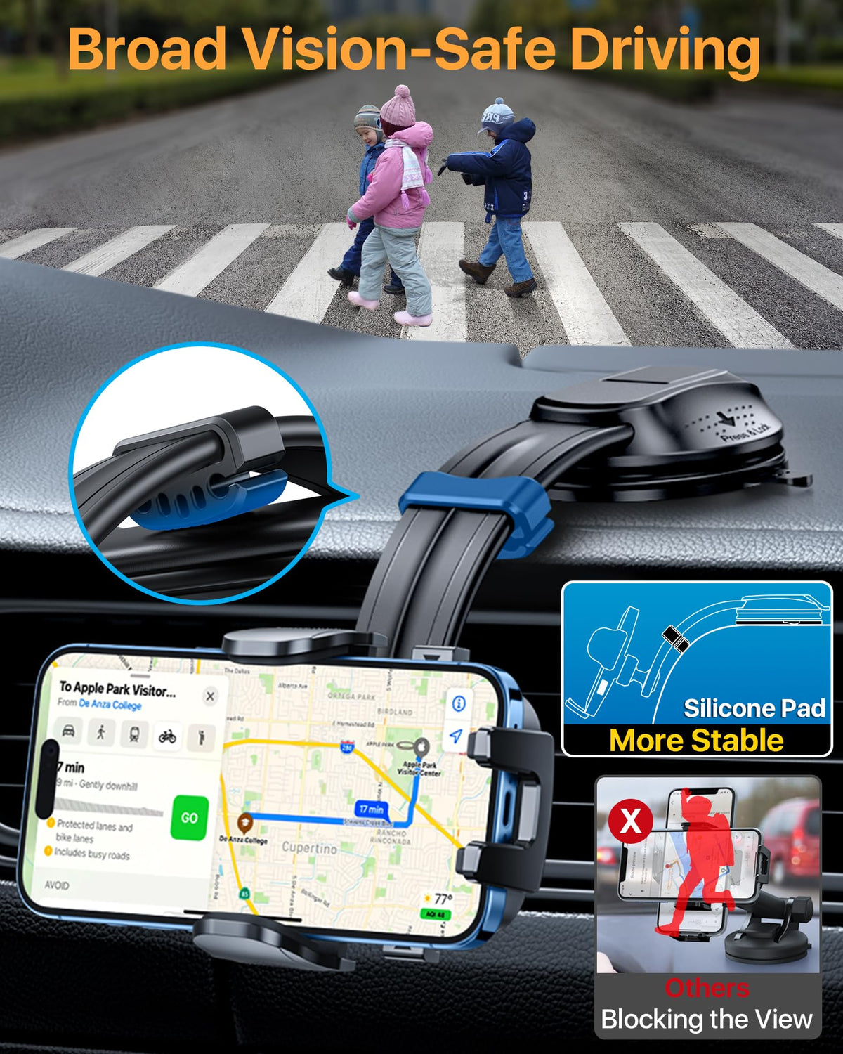 HTU Upgraded Strongest Suction No Block View Bendable Arm Car Phone Holder
