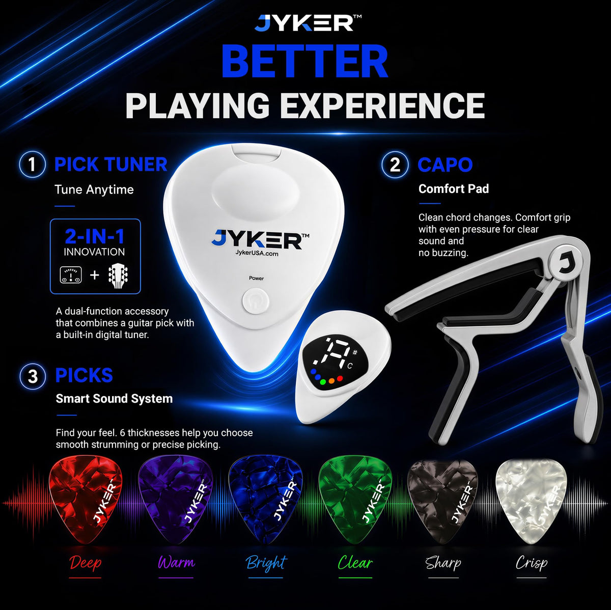 JYKER Guitar Accessories Kit - Guitar Capo, Guitar Picks, Guitar Strap, Pick Holder, 2-in-1 Pick Tuner for Acoustic, Electric, Bass Guitar & Ukulele, Rosewood