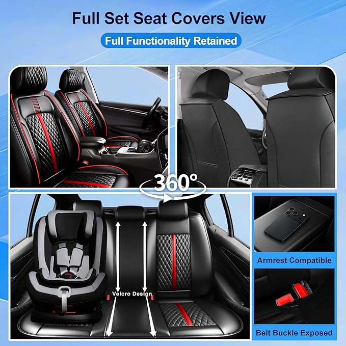 Fit Ridgeline Car Seat Covers for Select Honda Ridgeline 2007-2026 - Premium Full Coverage Leather, Airbag Compatible, Waterproof All Weather Seat Cushion Protector, Full Set, Red Trim