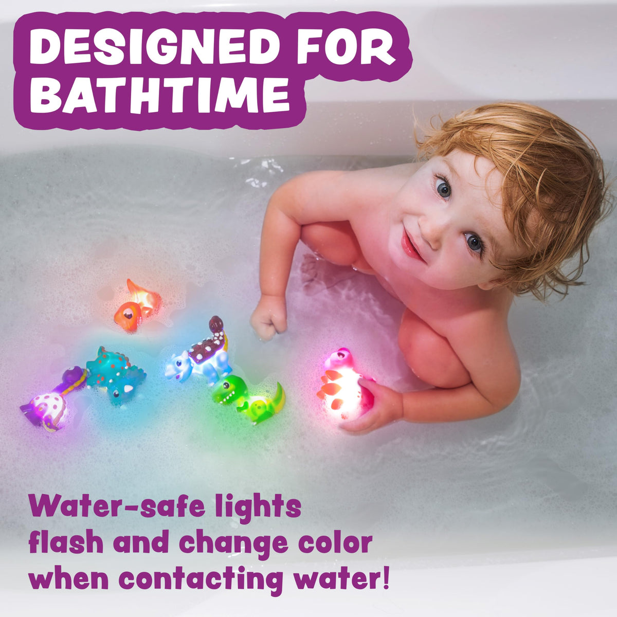 Tub Works® Dinos™ Dinosaur Light Up Bath Toys, 6 Pack | Water-Activated Light Up Toys Flash & Change Color | Easy-Grip Baby & Toddler Bath Toys | Sensory Bath Lights Watertight Bathtub Toys