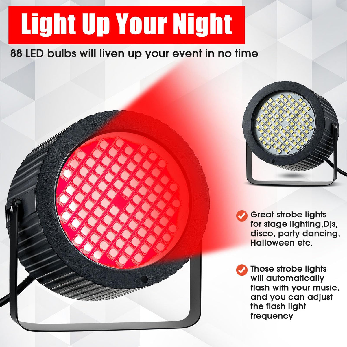 Funtery 4 Pcs Strobe Lights 88 LEDs Sound Activated Stage DJ,Red