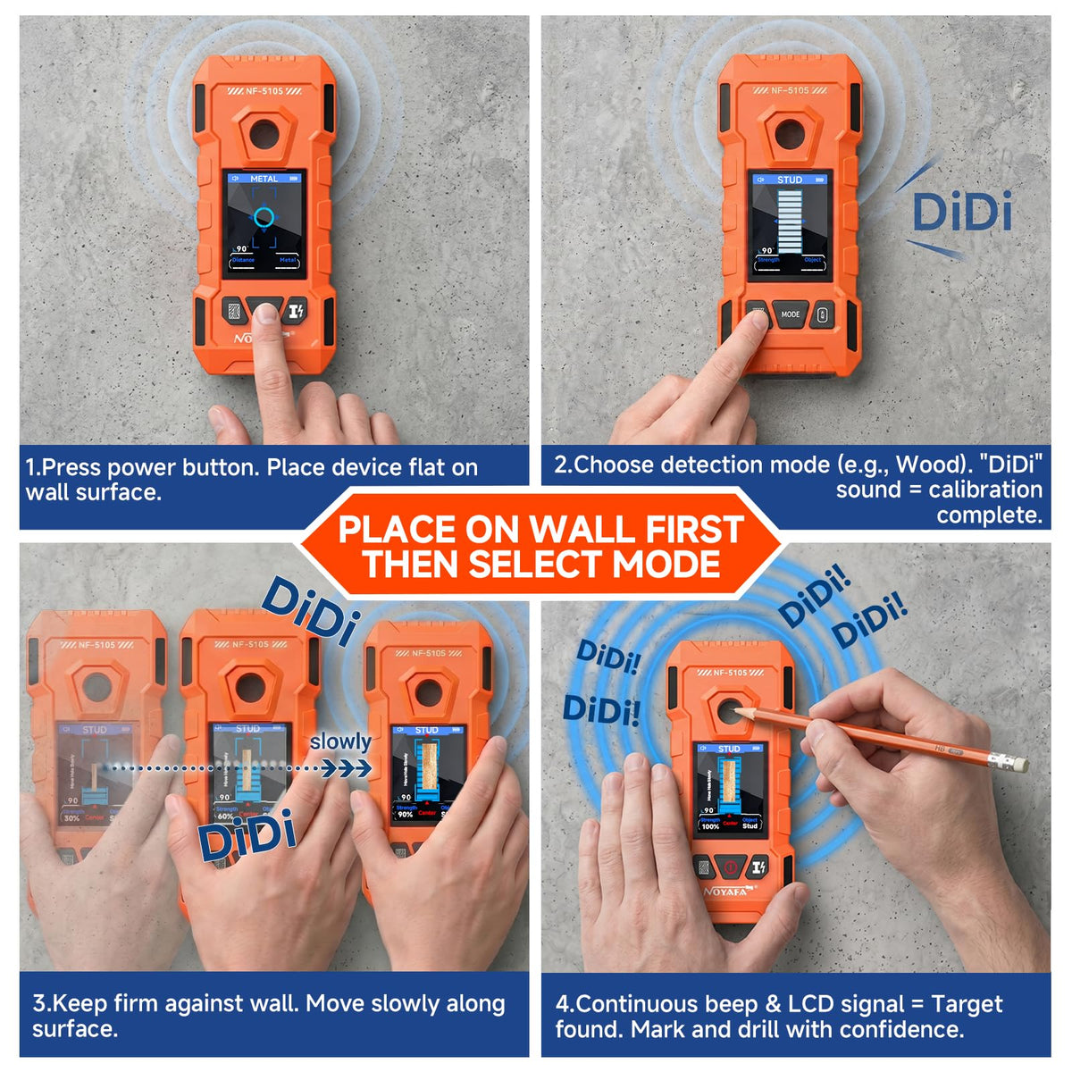 NOYAFA Rechargeable Stud Finder Wall Scanner, 6 in 1 Wall Detector