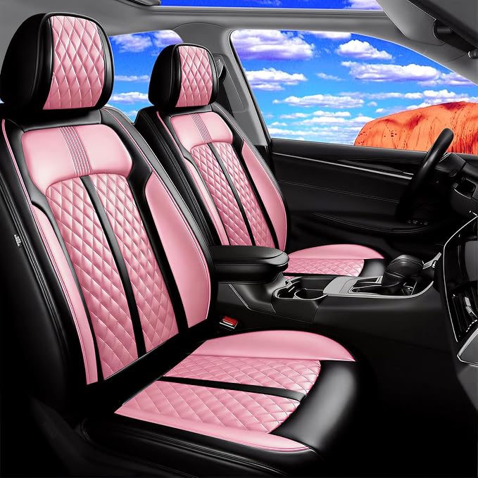Fit Civic Car Seat Covers for Honda Civic 2020-2026 Sedan(Not for Coupe) - Premium Full Coverage Leather, Waterproof All Weather Breathable Seat Cushion Protector, Full Set, Black+Pink