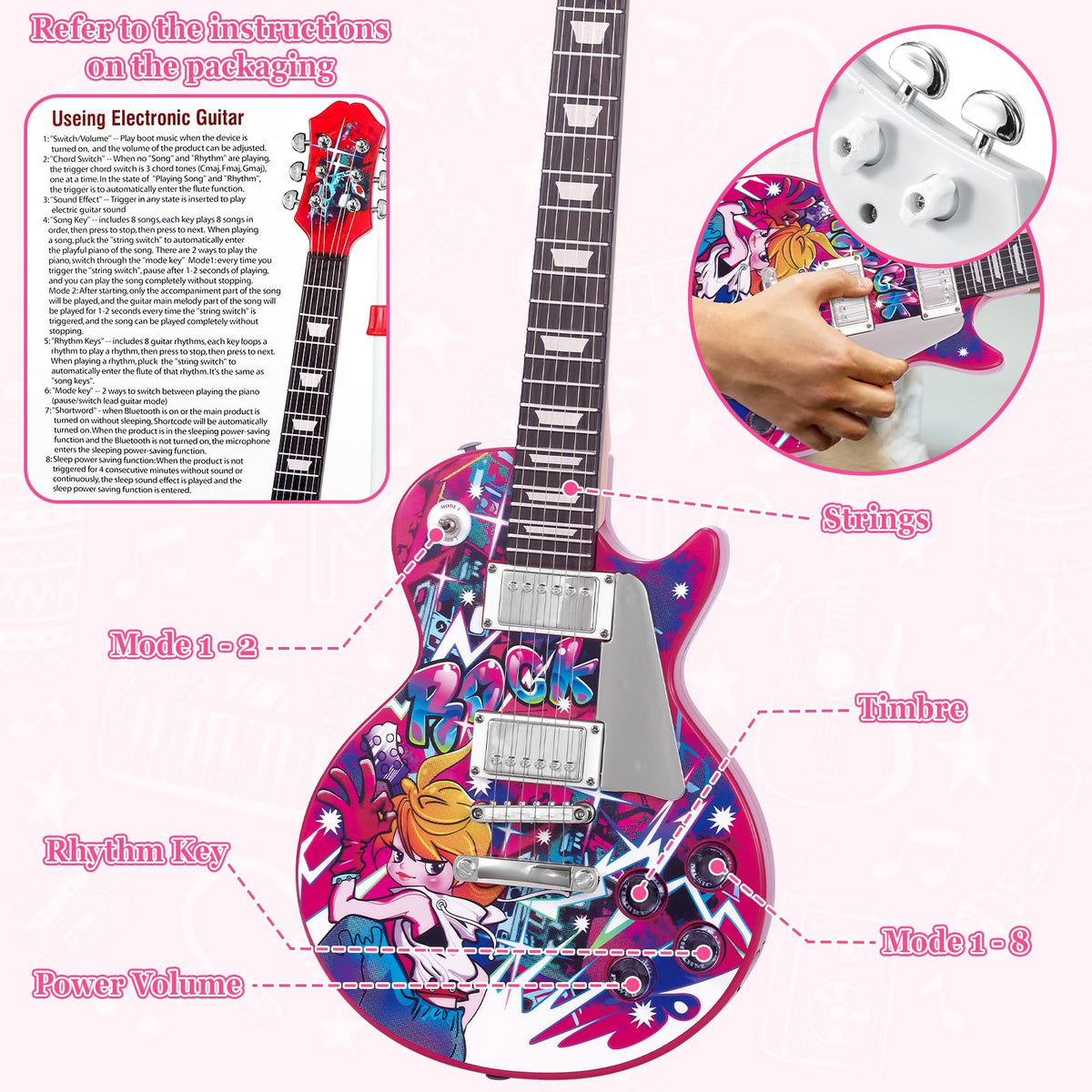 deAO Musical Guitar Play Set,Adjustable Height Microphone,Amplifier Set with Stand,Music Light Karaoke Music Toys Birthday for Kids Boys Girls