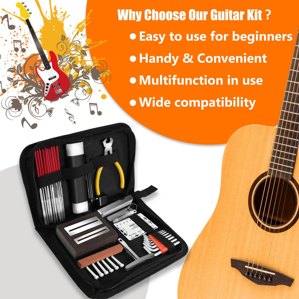 45Pcs Guitar Tool Kit, Guitar Repair Kit, Guitar Setup Kit, Luthier Tools Guitar Kit, Guitar Maintenance Kit Guitar Fret Tools, TIMDAM Guitar Accessories for Ukulele Bass Guitar Gifts for Musicians