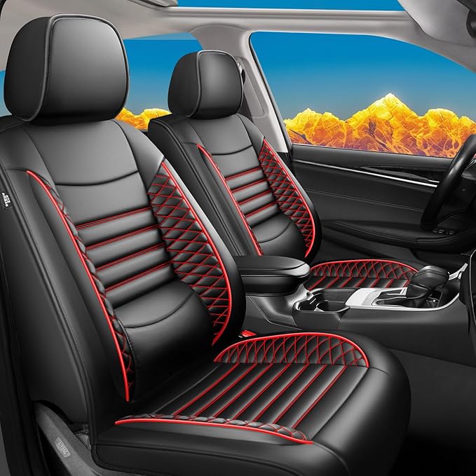 Fit Accord Car Seat Covers for Honda Accord 2003-2024 2025 2026 - Upgraded Premium Waterproof & Breathable Leather, Airbag Compatible, All-Weather Seat Cushion Protector (Full Set, Black+Red)