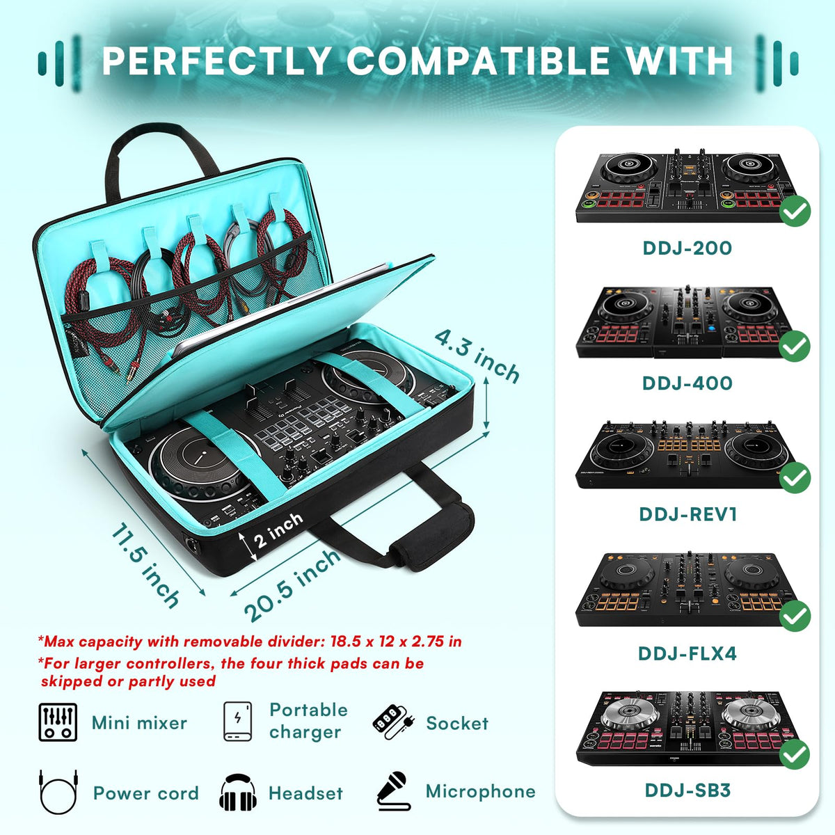 AUROTIER DJ Bag for DDJ-FLX4/DDJ 200/DDJ 400/DDJ REV1, Padded DJ Controller Crossbody Bag with 4 Pockets for 17.3 Inch Laptop, Cables, DJ Mixer Case with Adjustable Shoulder Strap for DJ Equipment