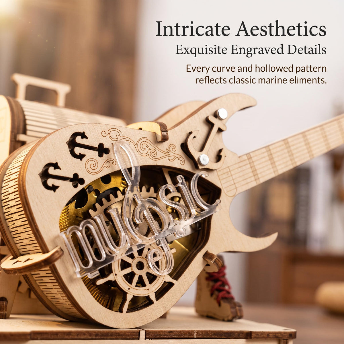 3D Wooden Puzzle Music Box, Guitar DIY Model Kit, Electric Guitar Model 3D Wooden Puzzle, Gears and Strings Jigsaw Puzzle, DIY Presents for Kids & Toddlers