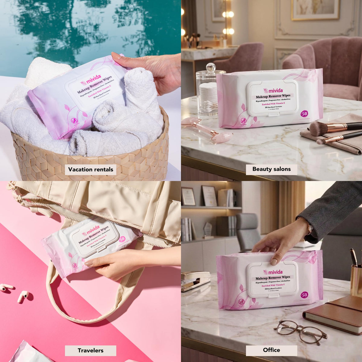 mivida Professional Makeup Remover Wipes Bulk Case | 500 Wipes (10 Packs x 50) | HRIPT Dermatologist Tested | Fragrance Free | For Salons, Spas, Clinics, Hotels & Makeup Artists