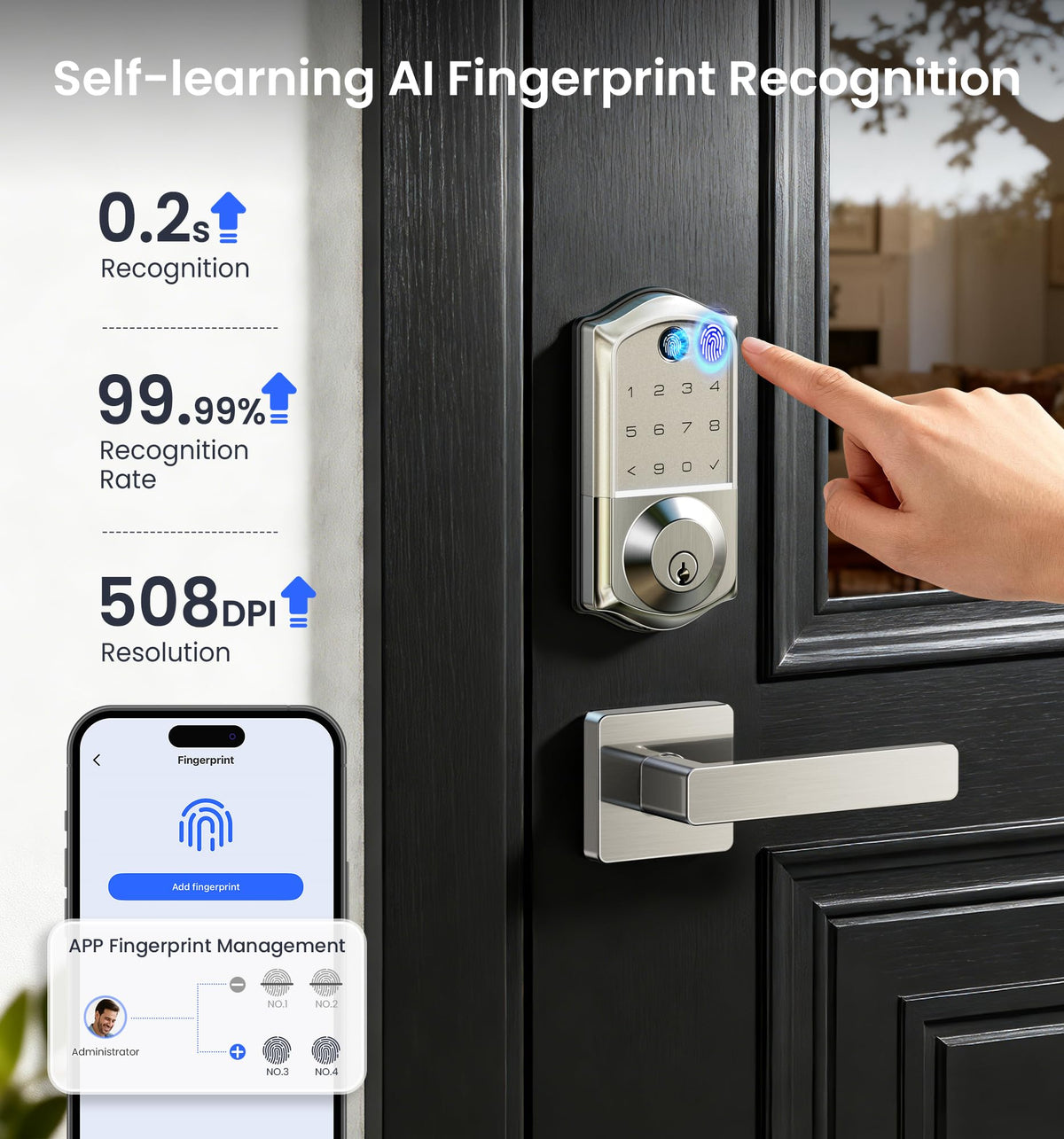 Veise VE017 Fingerprint Smart Door Lock with App Control, Satin Nickel