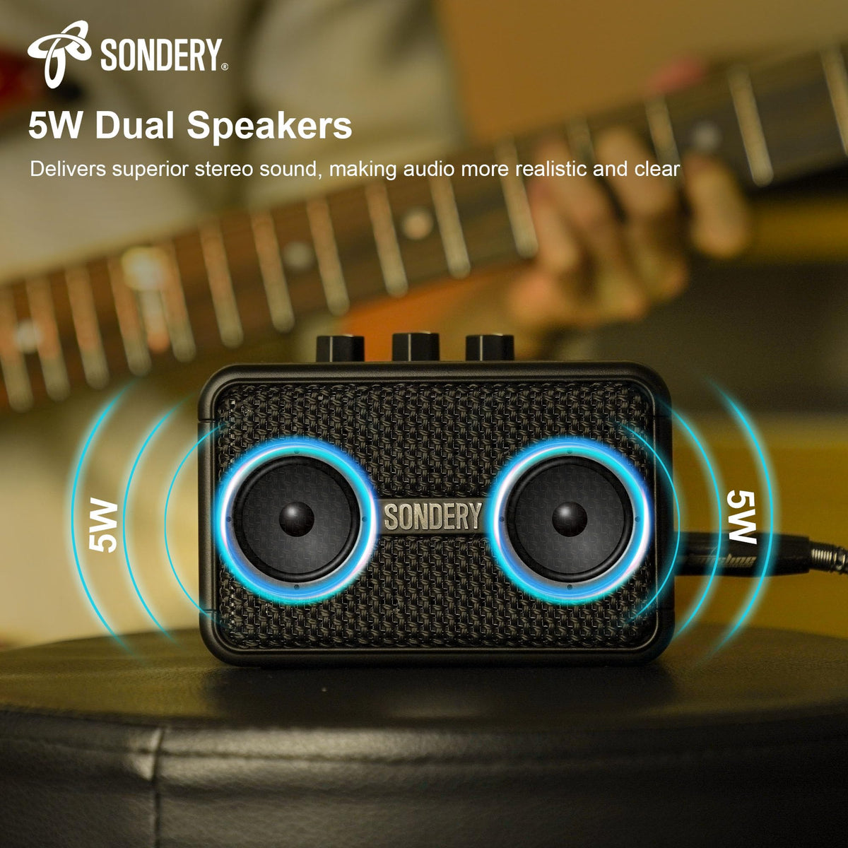 Sondery 5W Mini Amp for Electric Guitar Rechargeable with OD Clean Effects