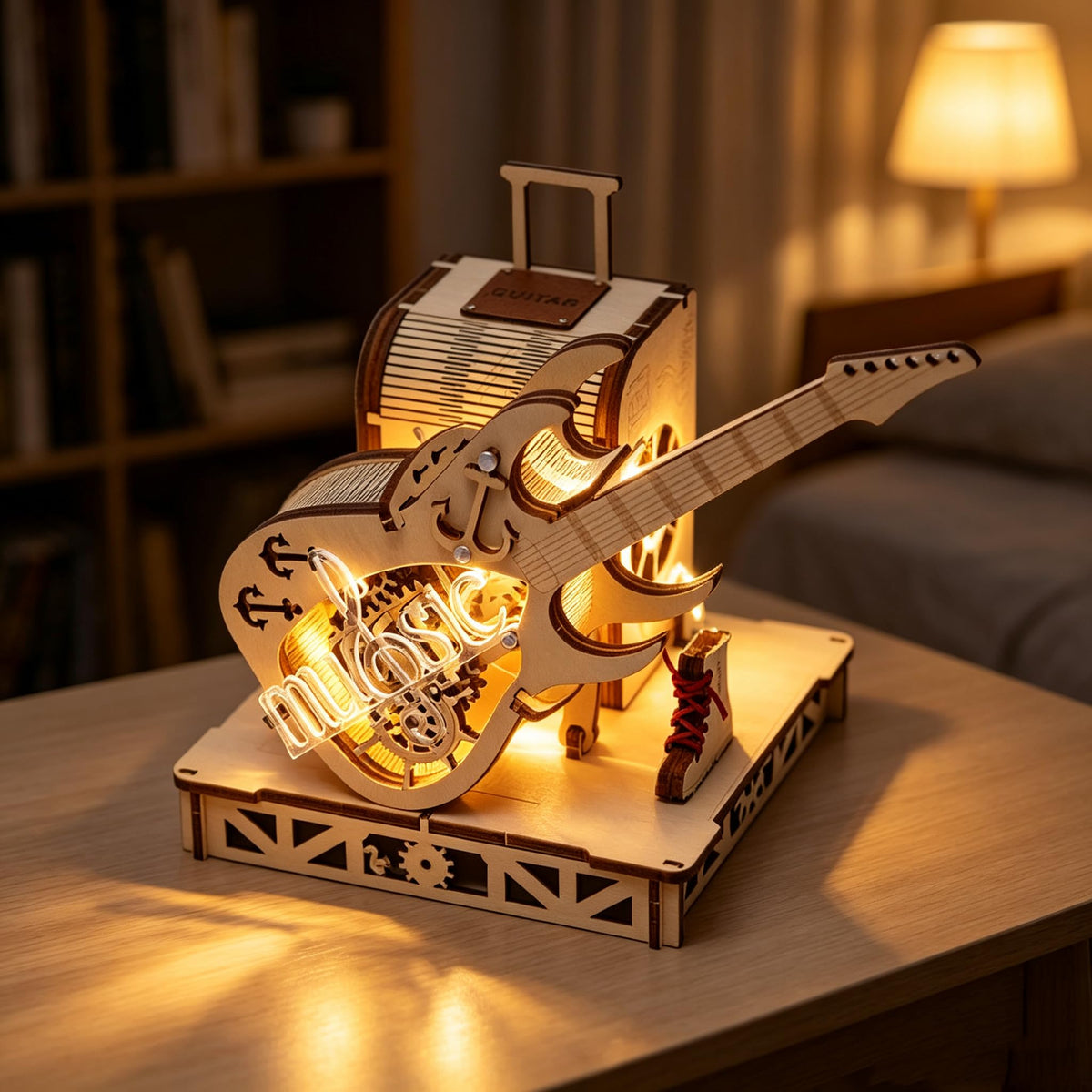 3D Wooden Puzzle Music Box, Guitar DIY Model Kit, Electric Guitar Model 3D Wooden Puzzle, Gears and Strings Jigsaw Puzzle, DIY Presents for Kids & Toddlers