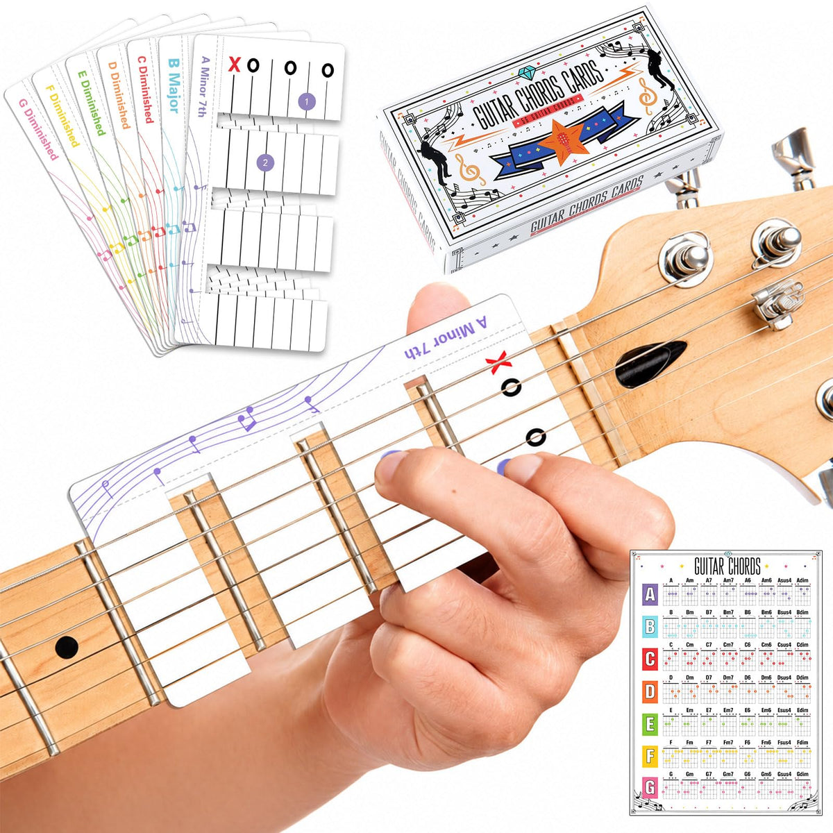 56Pcs Guitar Chord Charts Guitar Training Cards for Beginner Fretboard Learning Aid Guitars Practice Flashcard Chord Diagram Music Teaching Tool for Acoustic Electric Learner Music Lover Gift (White)
