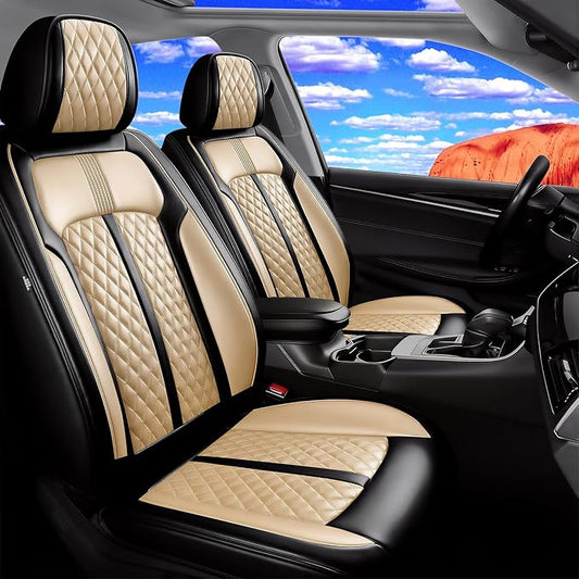 Fit Prologue Car Seat Covers for Select Honda Prologue 2024-2026 - Premium Full Coverage Leather, Airbag Compatible, Waterproof & All Weather Seat Cushion Protector, Front Pair Black+Beige