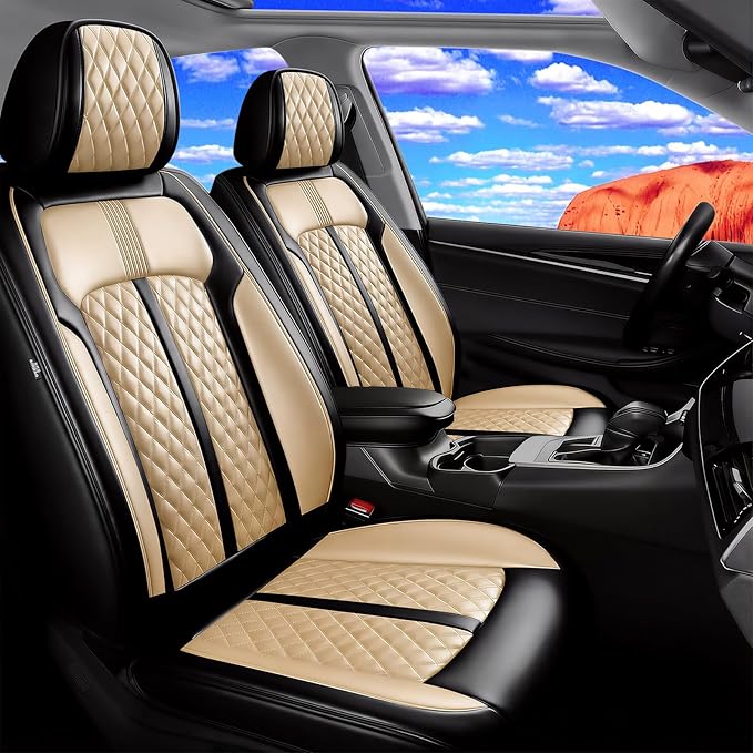 Fit Accord Car Seat Covers for Select Honda Accord 2012-2026 - Premium Full Coverage Leather, Airbag Compatible, Waterproof & All Weather Seat Protector, Full Set, Black+Beige