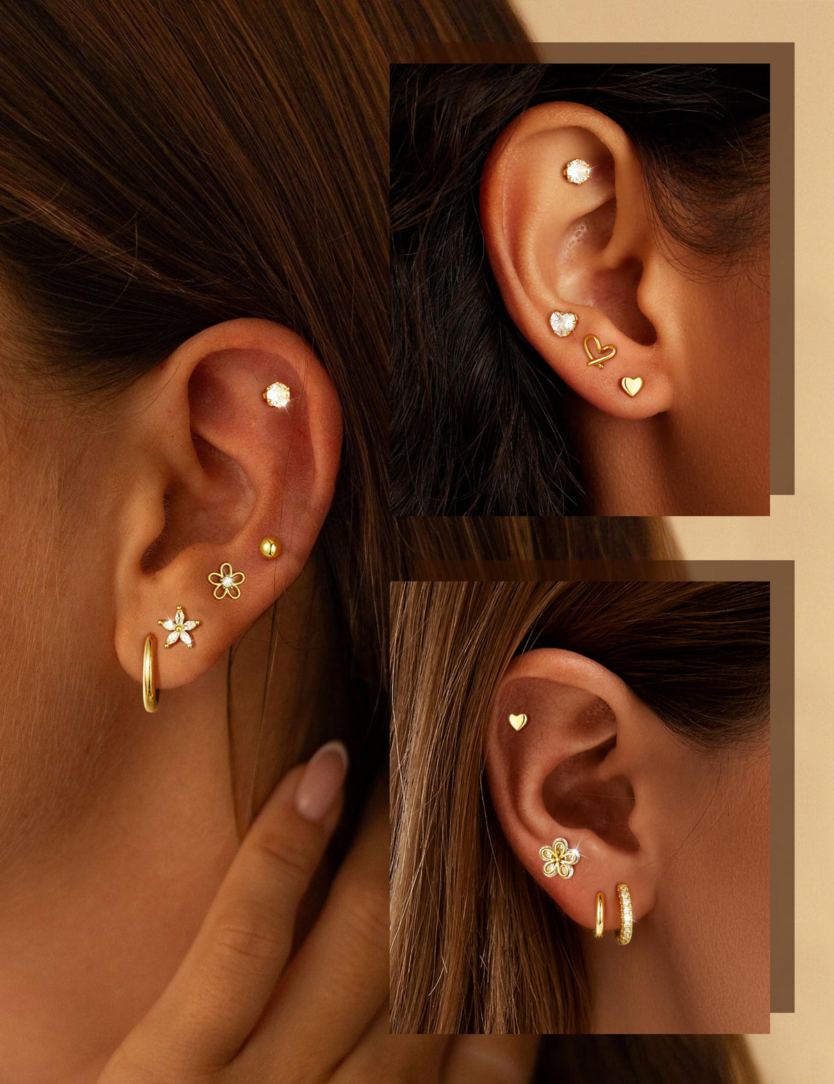 Hypoallergenic Gold Stud Earrings for Women - 14k Gold Plated Surgical Stainless Steel Flat back Earrings Set Small Huggie Hoop Flatback Earring for Sensitive Ears Screw Back Cartilage Piercing Jewelry