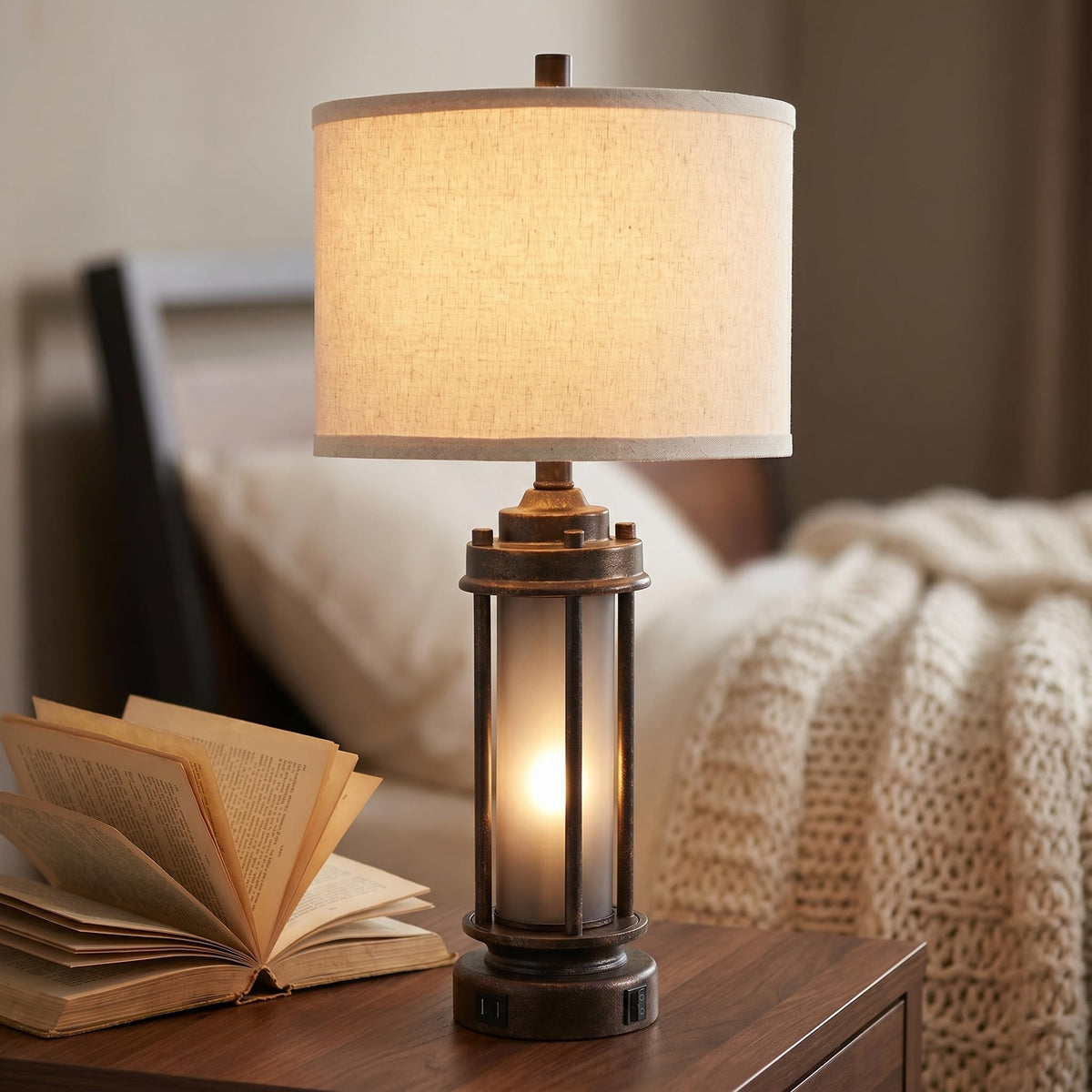 AIEAMPDO 25" Farmhouse Lamps for Living Room with 2 USB C+A Ports