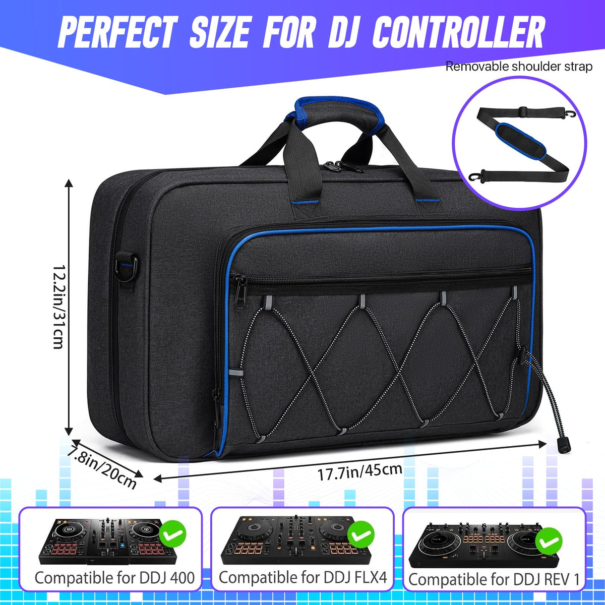 aocrin DJ Bag for DDJ-FLX4/DDJ 400/DDJ REV1, Padded DJ Controller Crossbody Bag with 4 Pockets, for 15.6 Inch Laptop, Cables, DJ Mixer Case with Adjustable Shoulder Strap for DJ Equipment