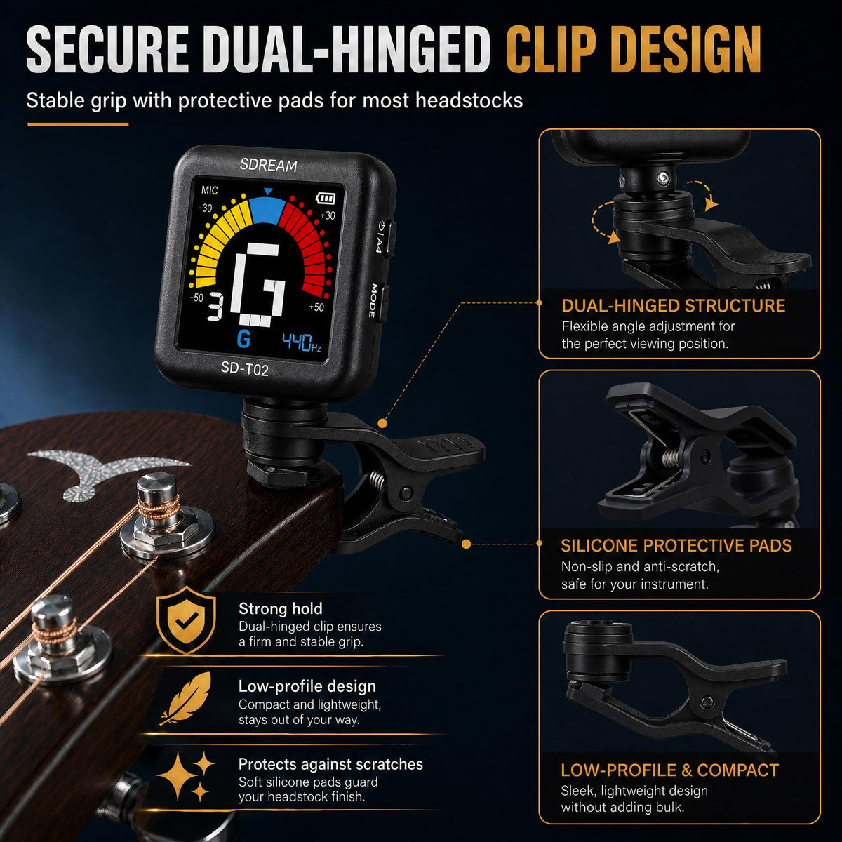 SDREAM Professional Guitar Tuner Clip On, Rechargeable Tuner with Extra Large LCD Display, Fast & Accurate Tuning for Acoustic Guitar, Electric Guitar, Bass, Ukulele & Chromatic, 360° Rotatable