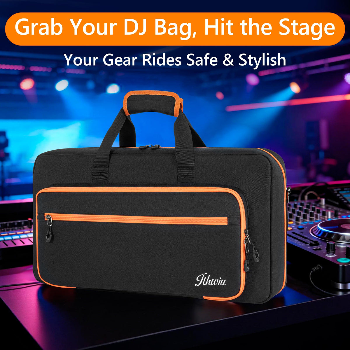 ITHWIU Padded DJ Controller Case Compatible with DDJ FLX4/DJ 400/DDJ REV1, DJ Carrying Bag with 5-Pocket fits up to 15.6'' Laptop, Headphones, Cables, with Adjustable Shoulder Strap, 21.5"x11.8"x2.5"