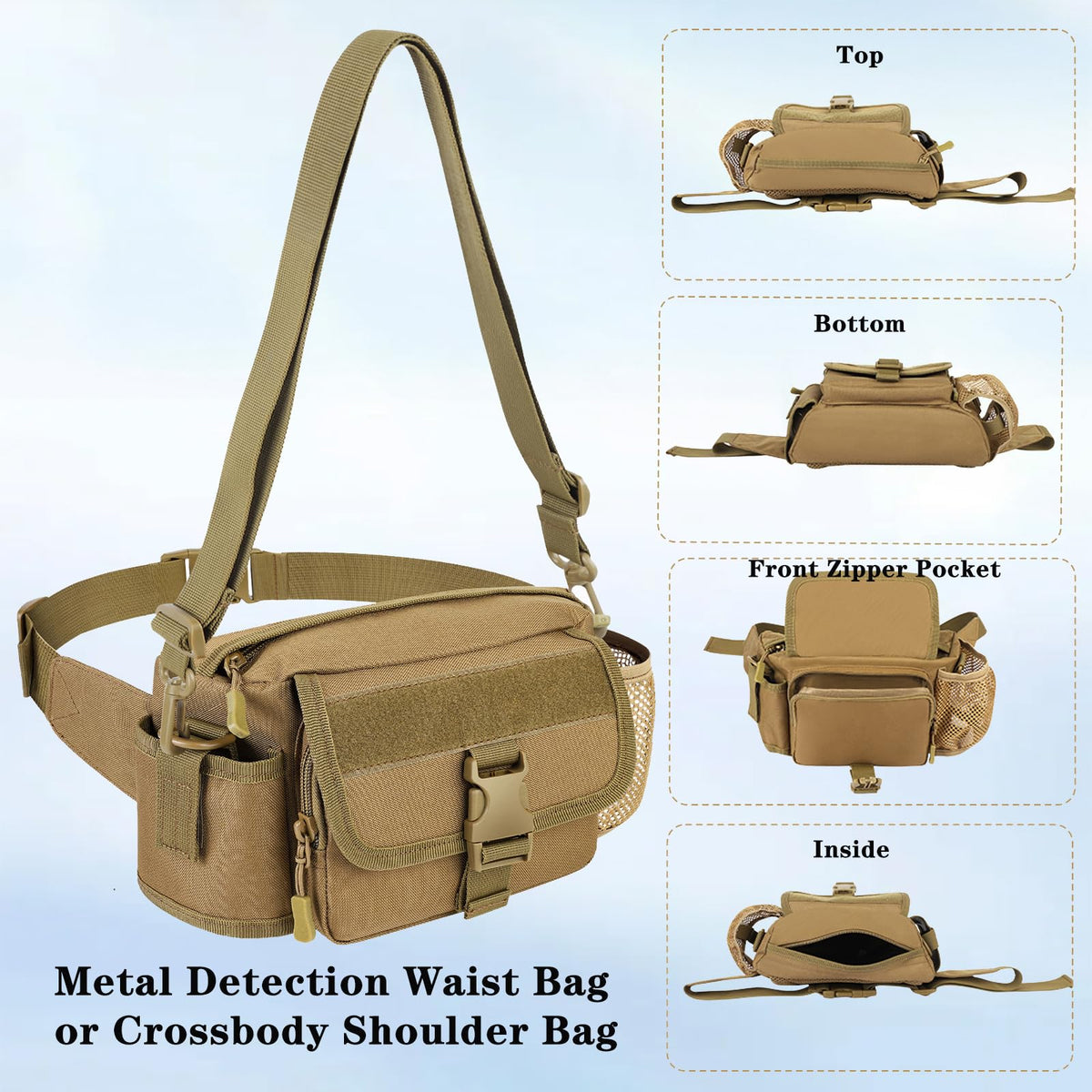 Metal Detecting Waist Bag with Kettle Sleeve Elastic Net，Portable Find bag, Waterproof Metal Detector Tool Bag, for Outdoor Metal Detector Accessory (Tan)