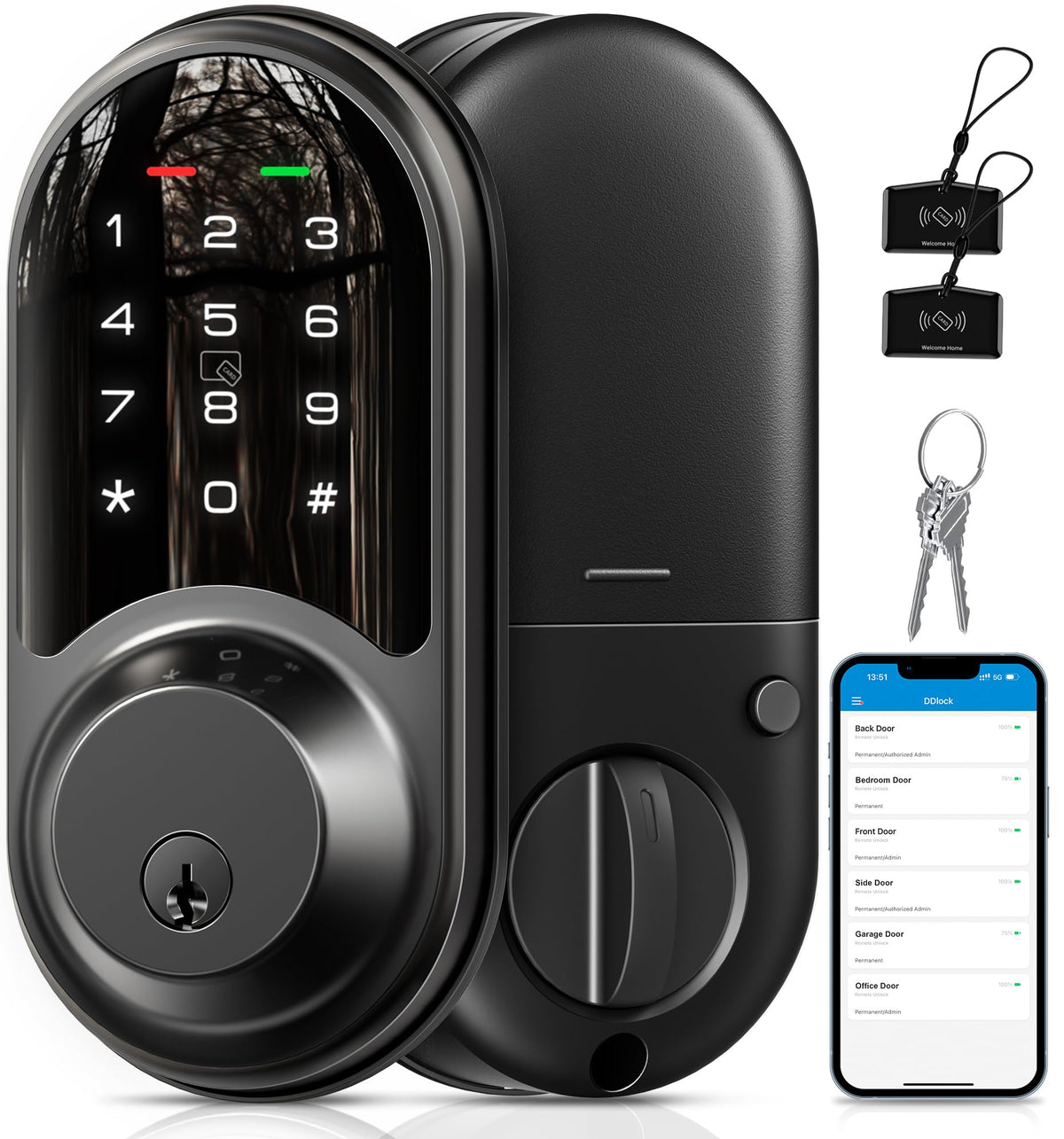 Veise RZ06 Smart Lock for Front Door with App Control, Matte Black
