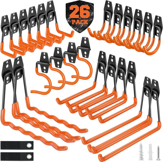 Nacial 26 Pack Garage Hooks Heavy Duty, Utility Steel Garage Storage Hooks with 2 Extension Cord Storage Straps, Utility Garage Wall Mount Hooks for Hanging Bike, Ladder and Garden Tools, Orange