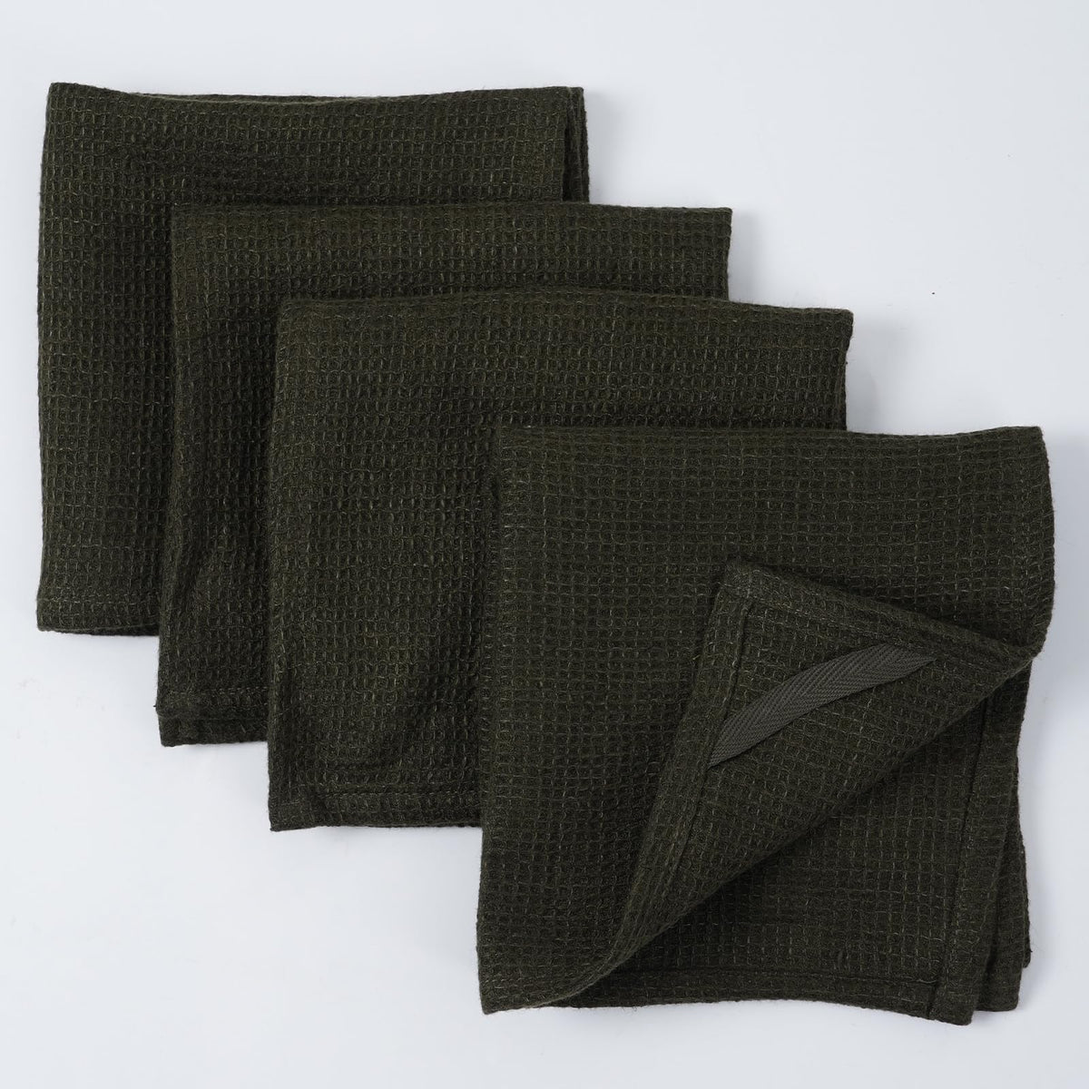 HSOFTIFY 100% Flax Linen Washcloths, Waffle Weave, 13x13 Inch, Reusable Face Cloth Clean Towels, 4-Pack (Green)