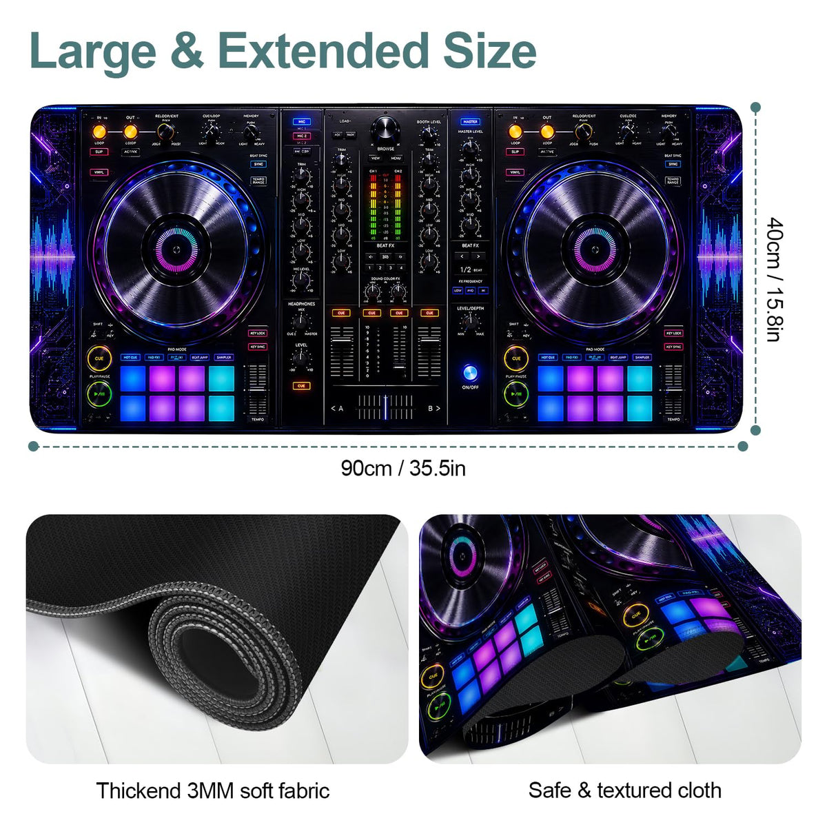 DJ Controller Gaming Mouse Pad 35.4 x 15.7 inch, Neon Music Mixer Desk Mat
