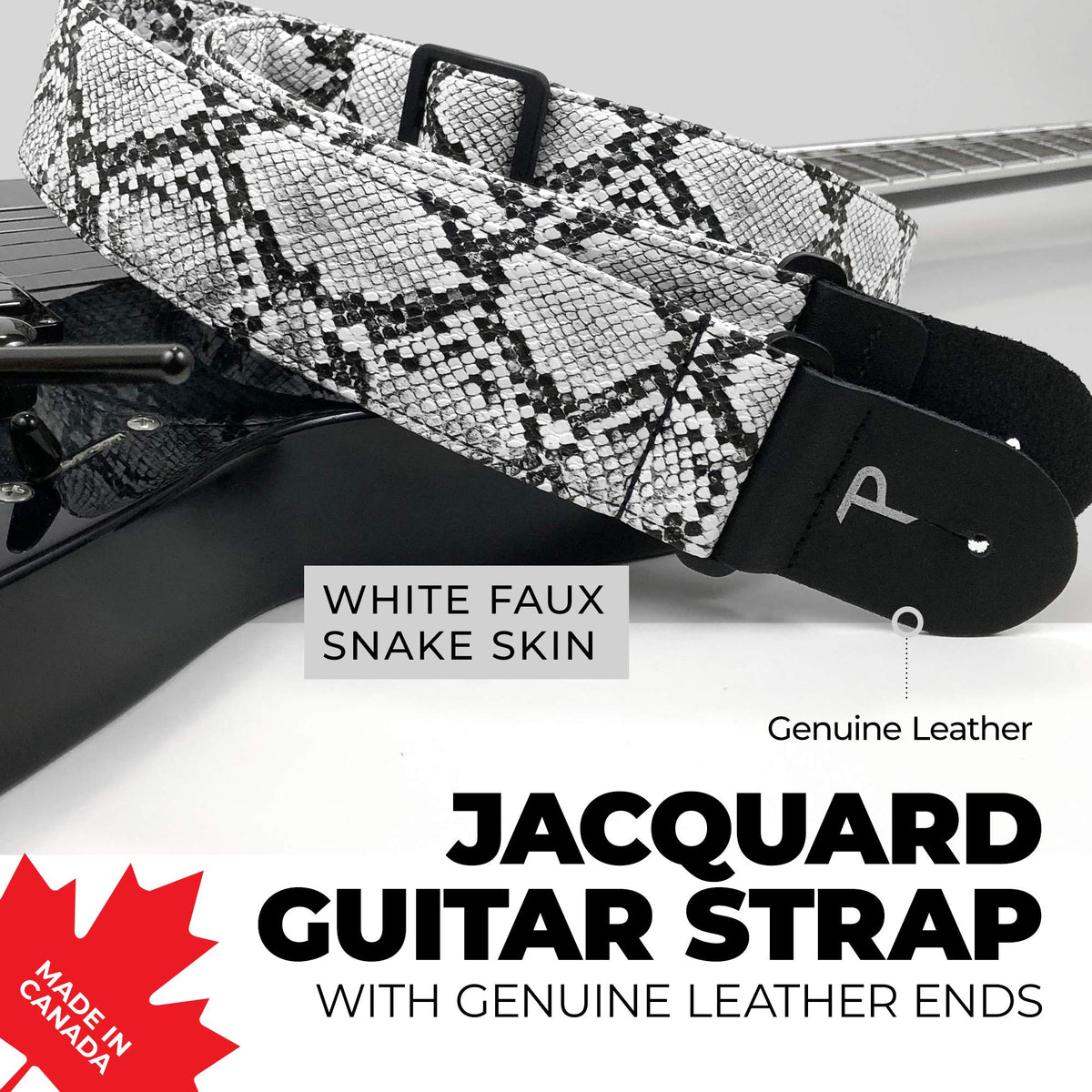 Perri’s Leathers Faux Snake Skin Guitar Straps, 39" - 58", White, Jacquard Patterned, Adjustable Length, Leather Ends, Non-Slip & Durable, Electric, Bass, Acoustic Guitar Strap