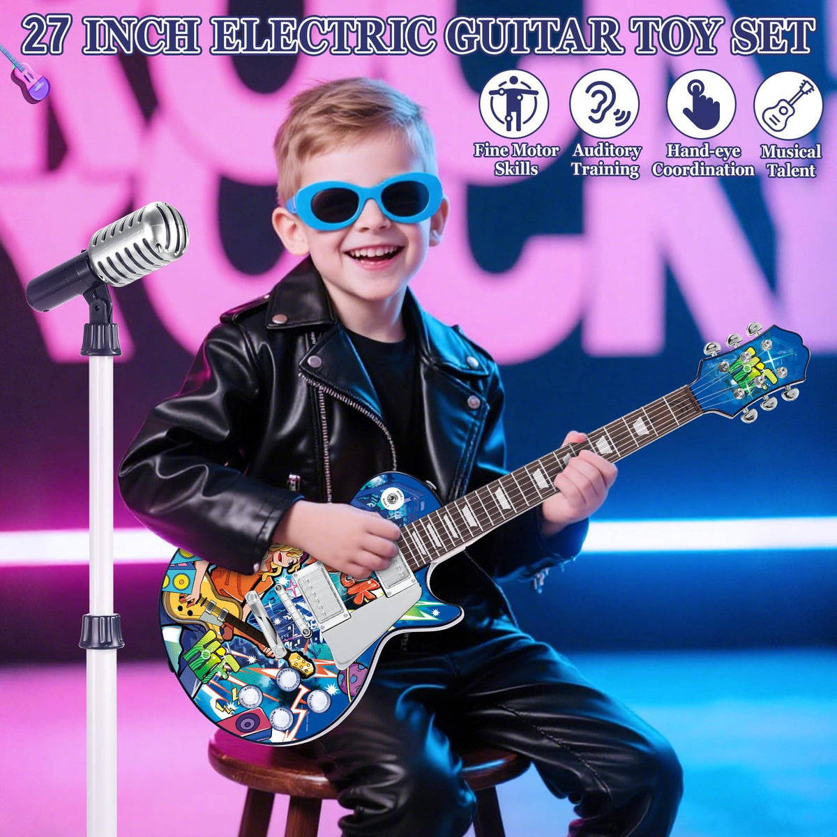 deAO Kids Electric Musical Guitar Play Set,Adjustable Height Microphone,Amplifier Set with Stand, Musical Guitar Play Set,Microphone, Amp, AUX, Birthday for Kids Boys Girls (Blue)