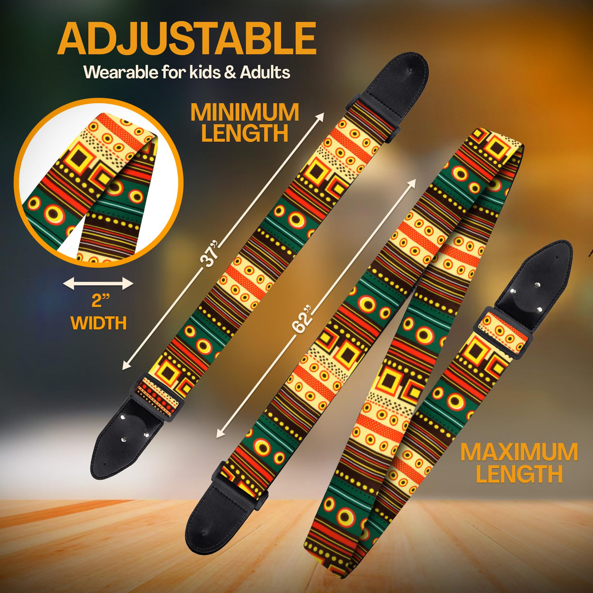 Art Tribute Guitar Strap For Acoustic, Electric and Bass Guitars, Adjustable Padded Leather Ends Guitar Straps For Men and Women, Includes 2 Picks, Strap Locks and Strap Button
