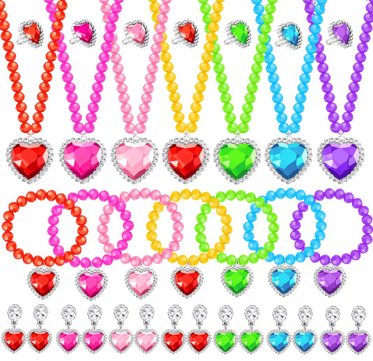 DIZRNOI Princess Jewelry Set for Girls with Colorful Necklace Bracelets Rings Earrings Birthday Gifts Party Favors Pretend Play Dress up Costume Friendship Jewelry for Toddler Girls (Heart)
