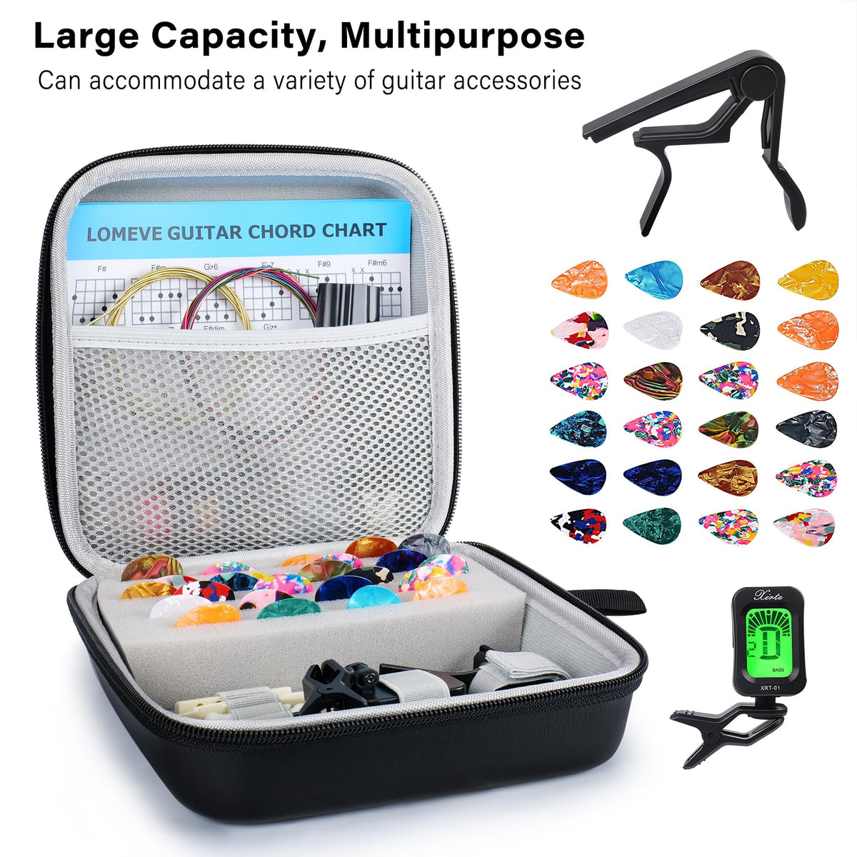 LOMEVE 85PCS Guitar Accessories Kit Holder Case Include Acoustic Strings, Tuner, Capo, 3-in-1 Restring Tool, Picks, Pick Holder, Bridge Pins, Nuts & Saddles, Finger Protector, Chord Chart