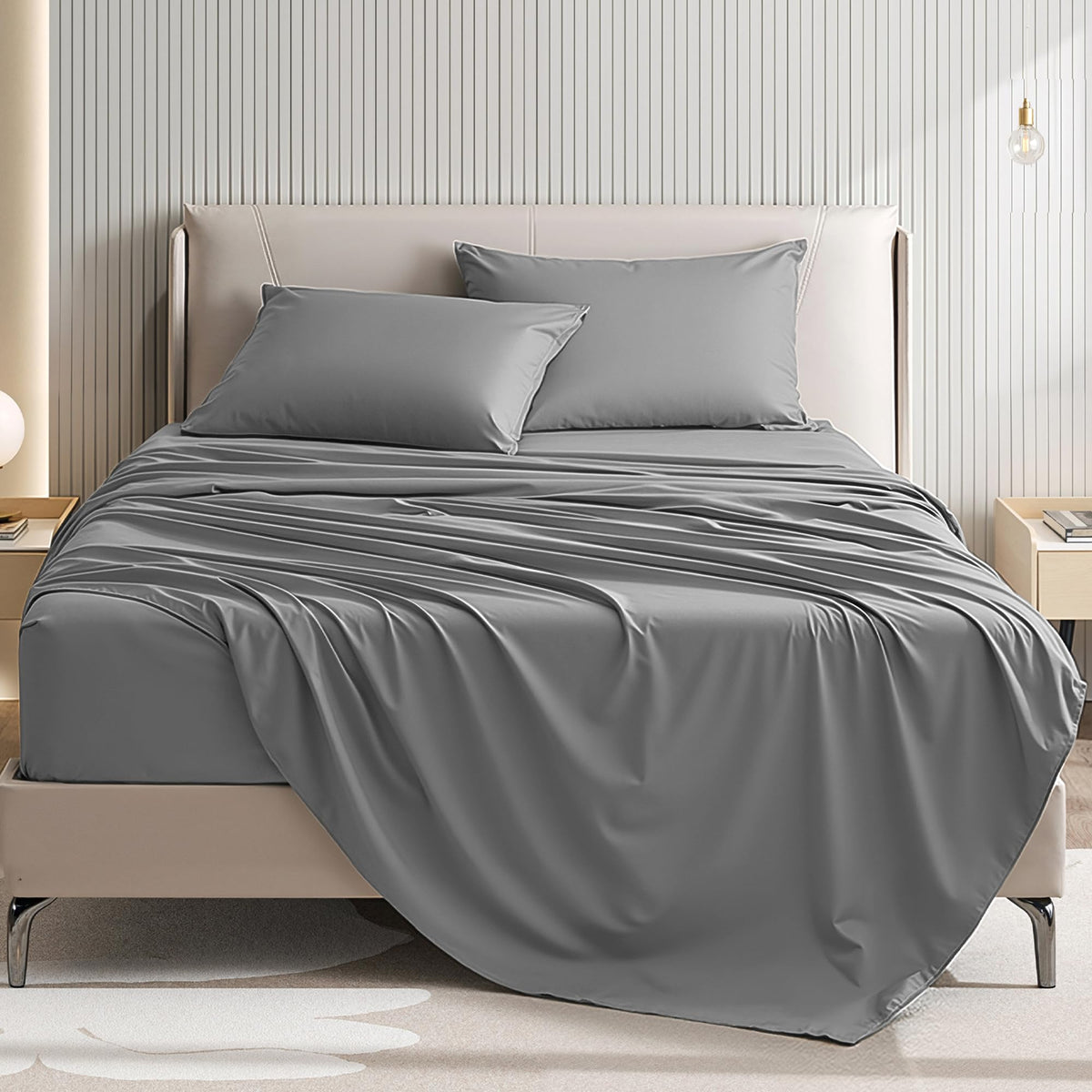USXIBEI Queen Size 4 Piece Sheet Set - Comfy Breathable & Cooling Bed Sheets Set, Soft and Wrinkle Free, Deep Pockets, Easy & Secure Fit, Hotel Luxury Bedding for Women, Men - Oeko-Tex - Dark Grey