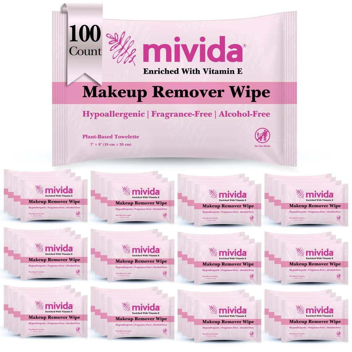 mivida 100 Count Hypoallergenic Makeup Remover Wipes Individually Wrapped with Vitamin E | Dermatologist Tested Alcohol-Free, Fragrance-Free face wipes Individually Wrapped