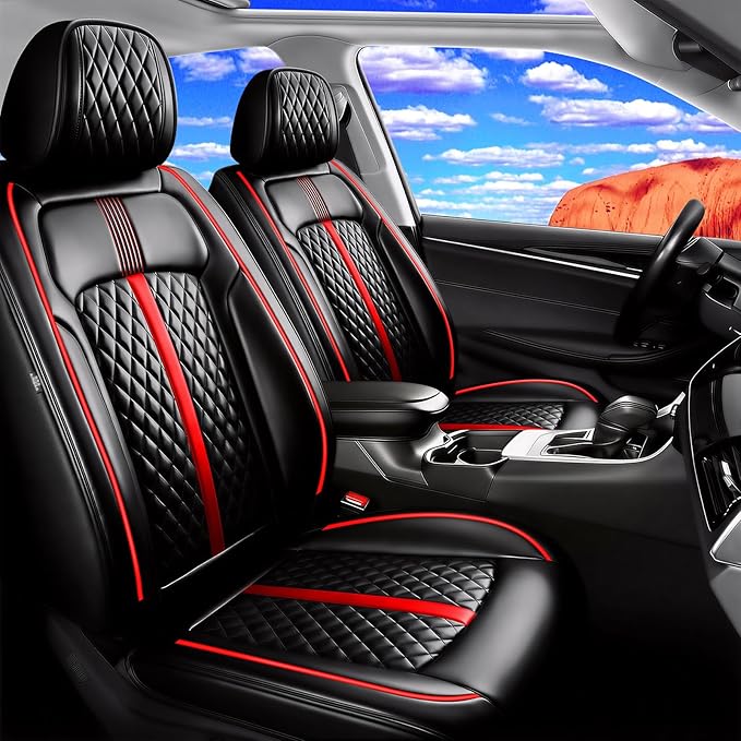 Fit Insight Car Seat Covers for Select Honda Insight 2010-2022, Premium Full Coverage Leather, Airbag Compatible & Scratch-Resistant, Waterproof All Weather Seat Protector, Full Set, Red Trim
